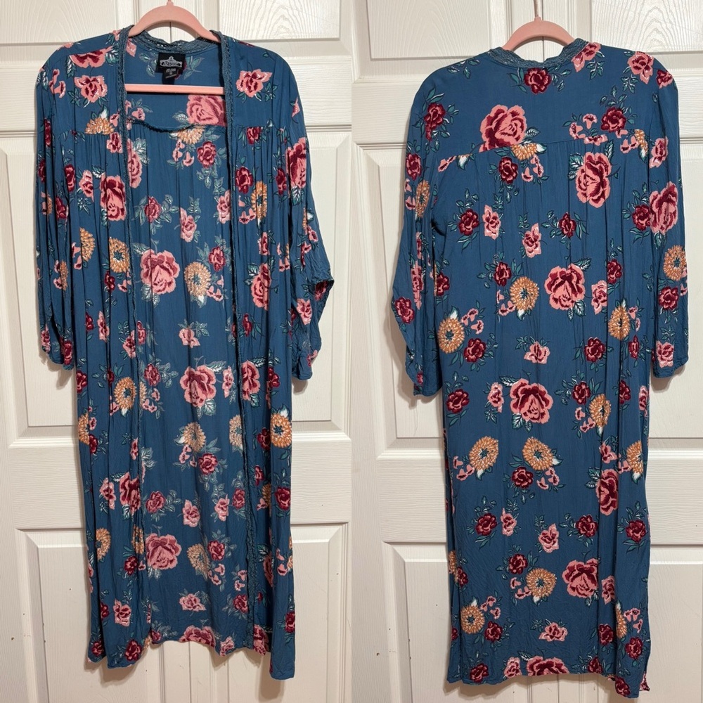 Angie Blue Floral Kimono with Pink Accents
